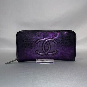 Authentic CHANEL Iridescent Purple Caviar Zip Lizard Embossed Yen Wallet